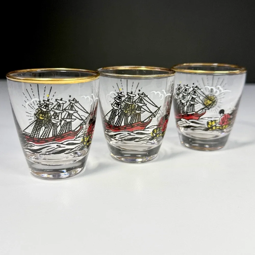 VTG Libbey Treasure Island Gold Rim Shot Glasses Pirate Ship MCM Barware Set/3
